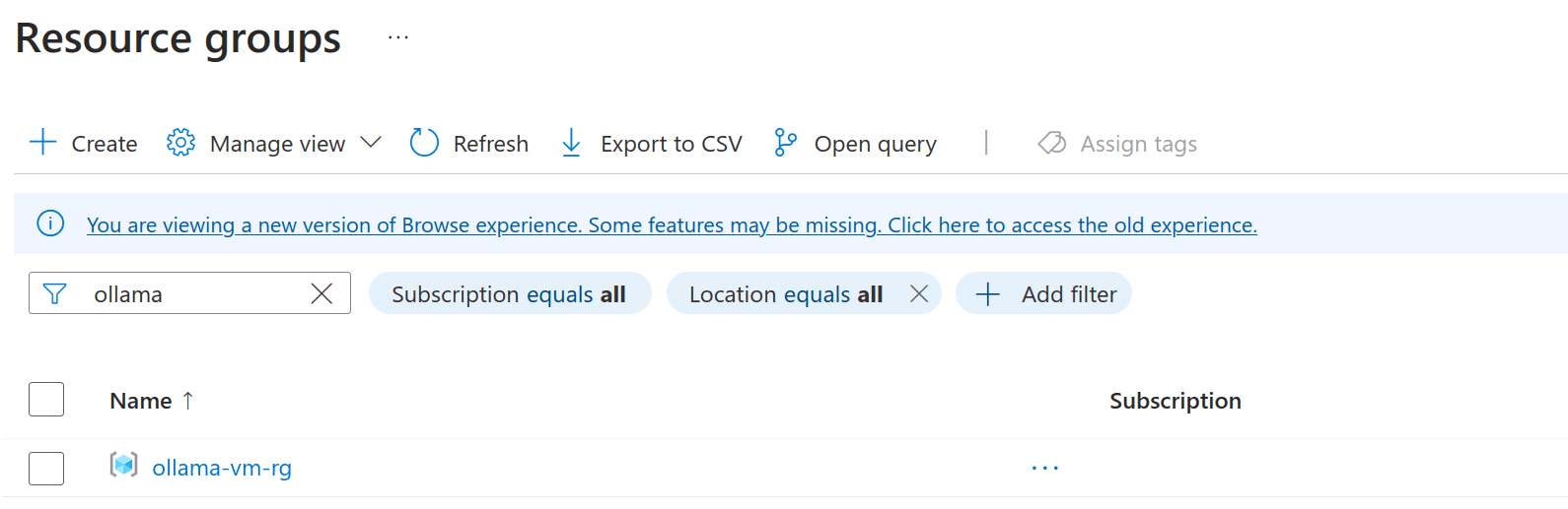 Newly creted resource group on Azure.