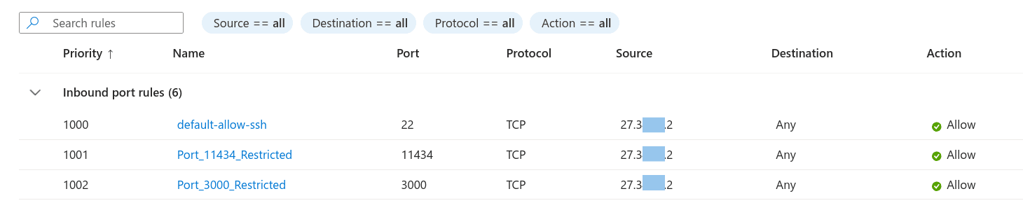 Azure VM configured network settings.